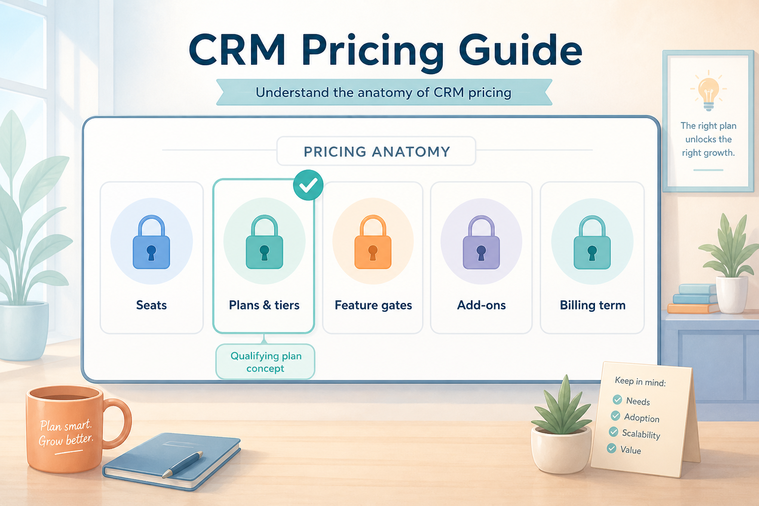CRM pricing guide hero: tier cards with feature gates and a seat slider — no dollar totals.