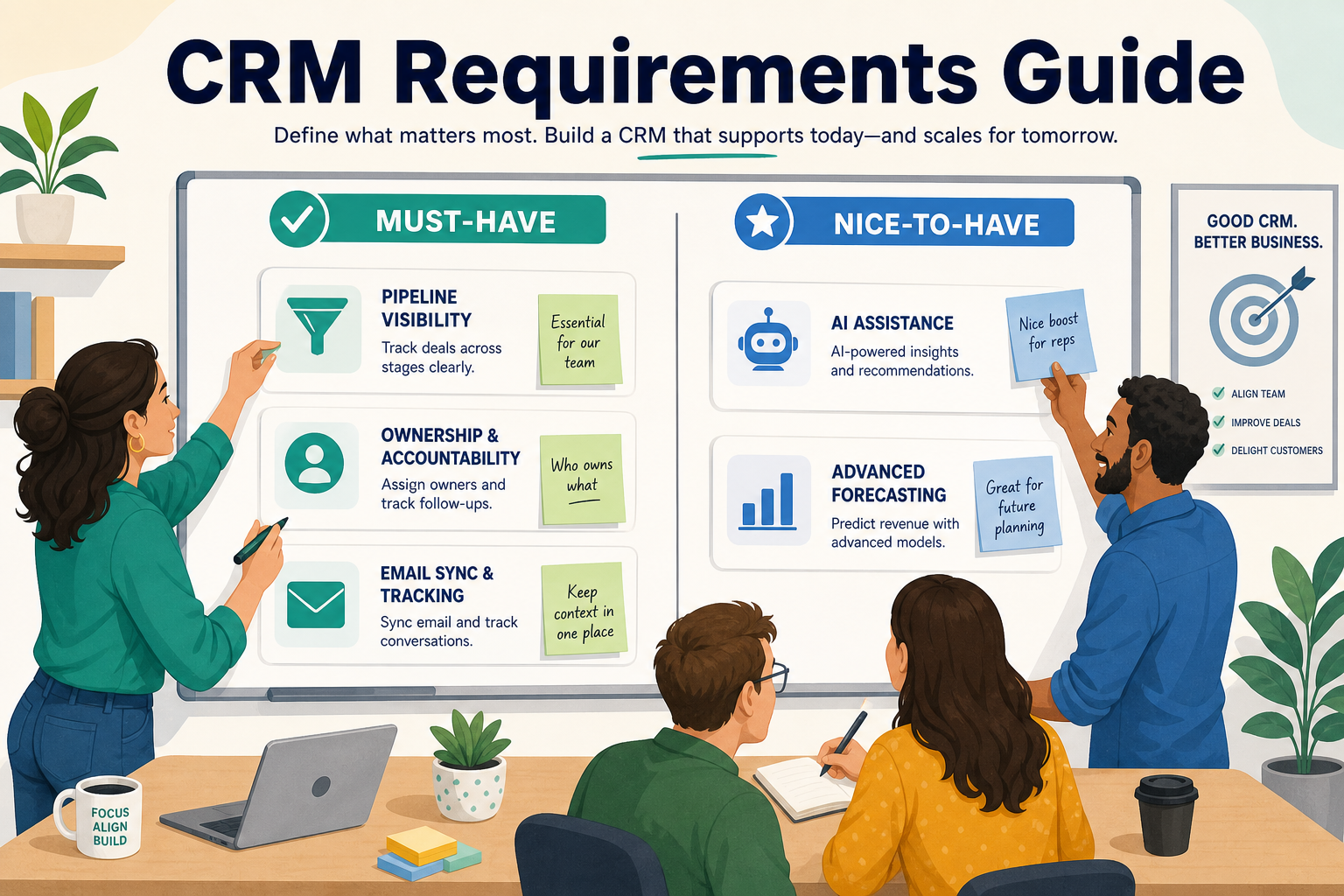CRM requirements guide hero: outcomes, stakeholders, must-haves, and constraints feeding a demo-ready requirements sheet.