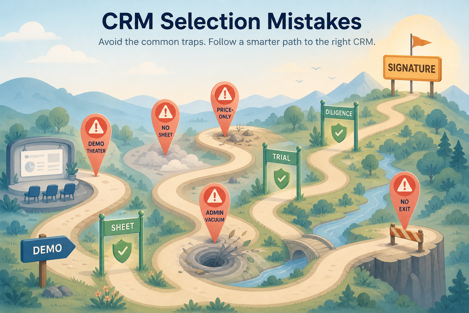 CRM selection mistakes hero: warning pins and gate checkpoints on the path to signature.