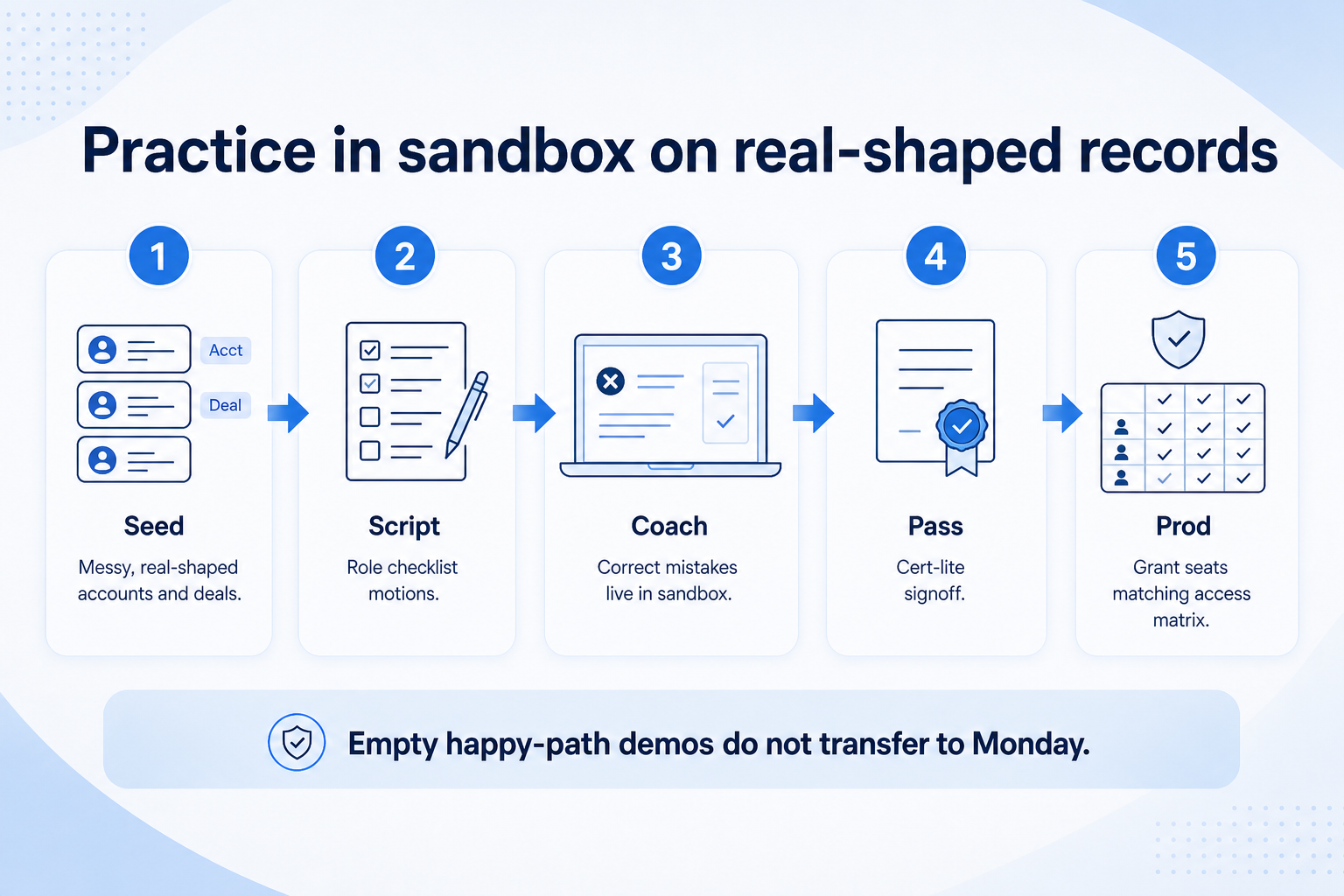 Practice CRM training in sandbox on real-shaped records: seed data, run role scripts, coach mistakes, pass cert-lite, then grant production.