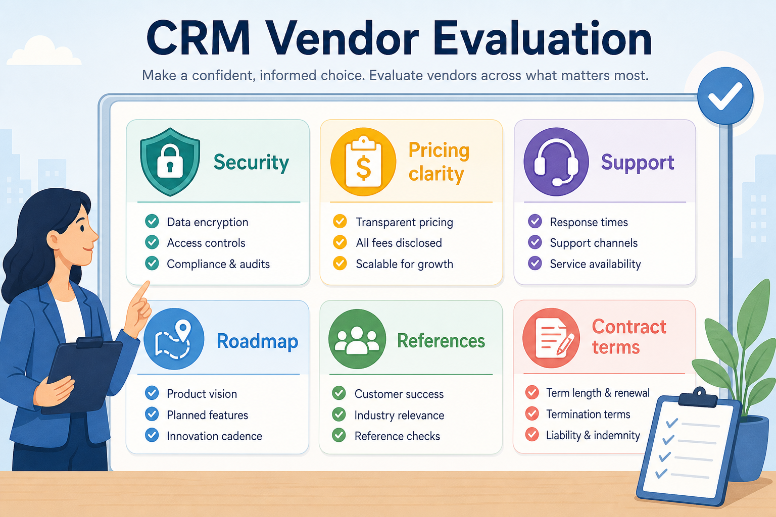 CRM vendor evaluation hero: diligence topics beyond the product demo.