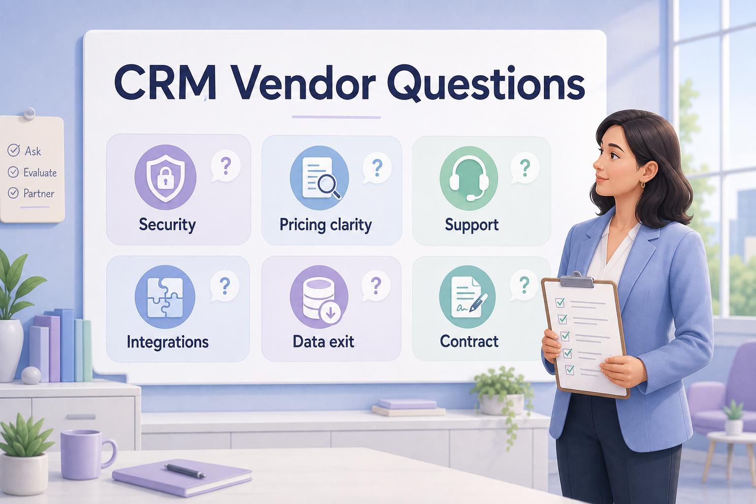 CRM vendor questions hero: checklist of question categories with speech bubbles to three generic vendors.