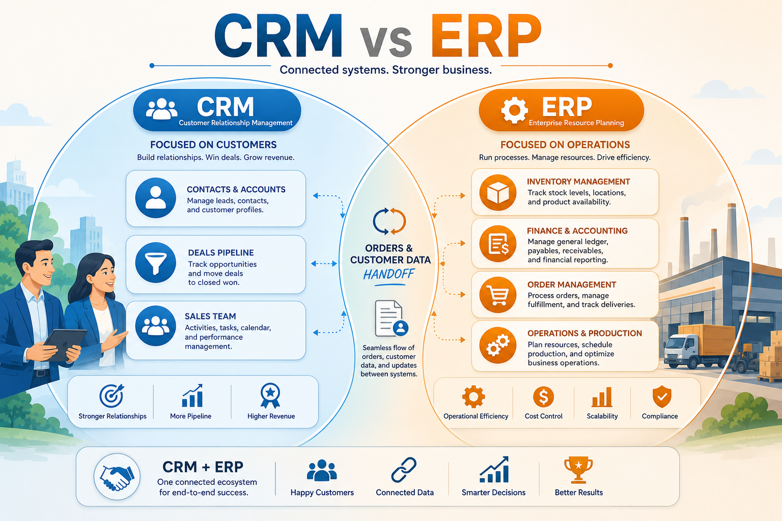 CRM pipeline and relationships versus ERP finance, inventory, and operations.