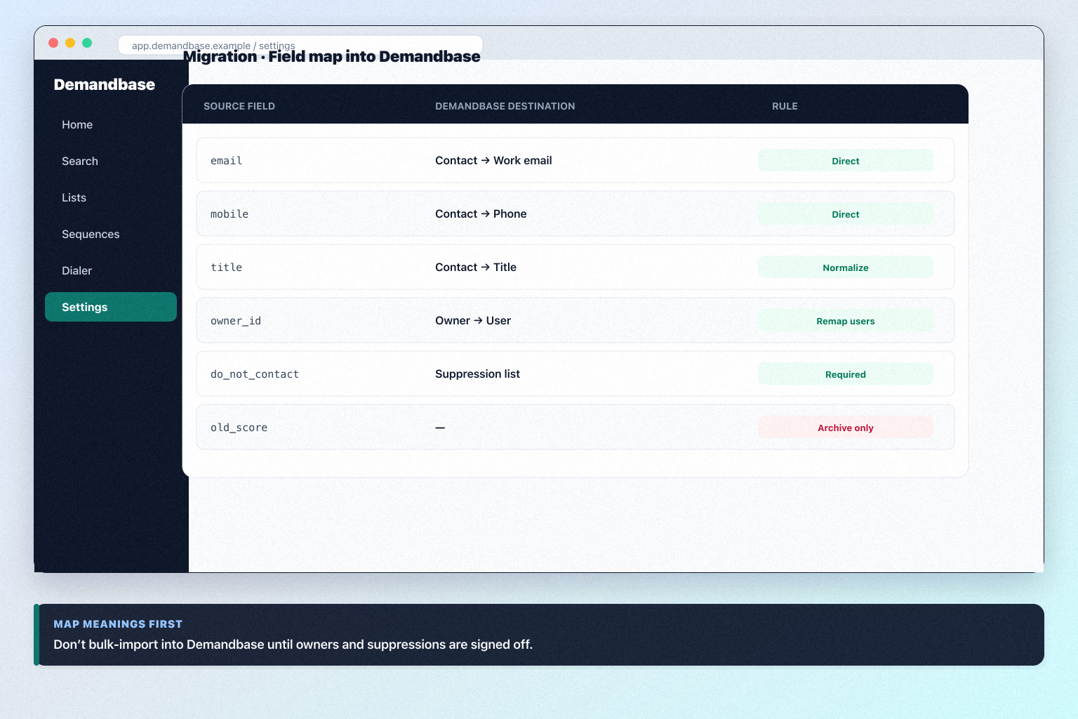 Demandbase migration hero: export → map → pilot → validate path into sales intelligence.