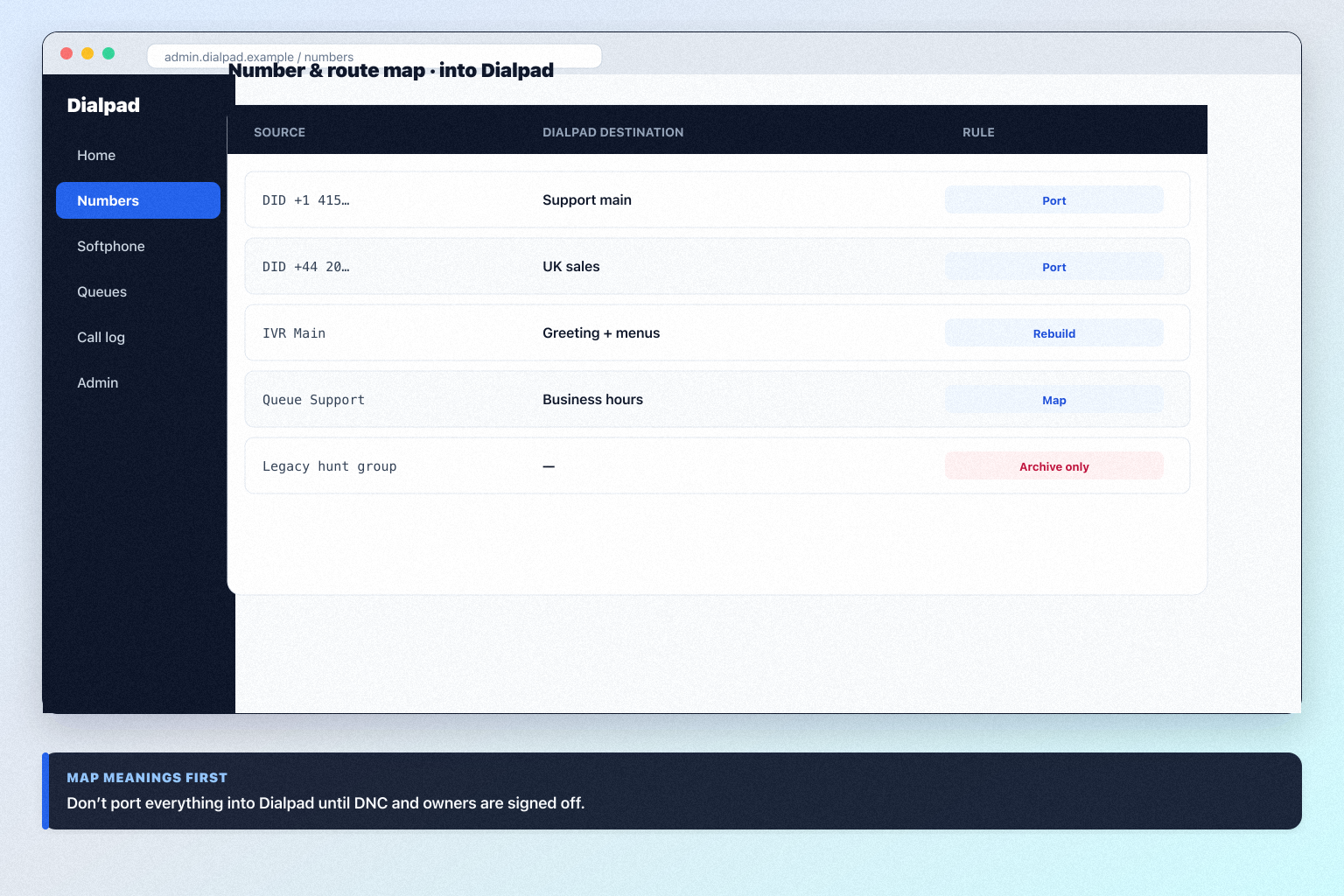 Dialpad migration hero: export → map → pilot → validate path into the phone system.