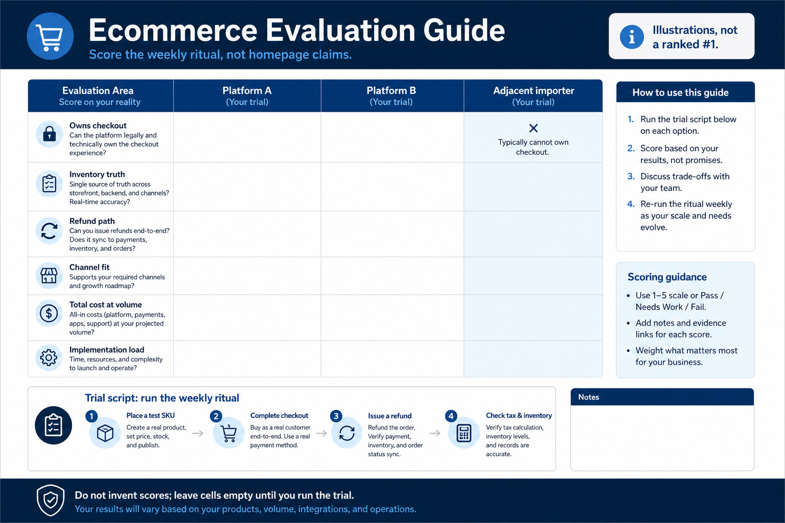 ecommerce software evaluation script: same trial for every finalist.