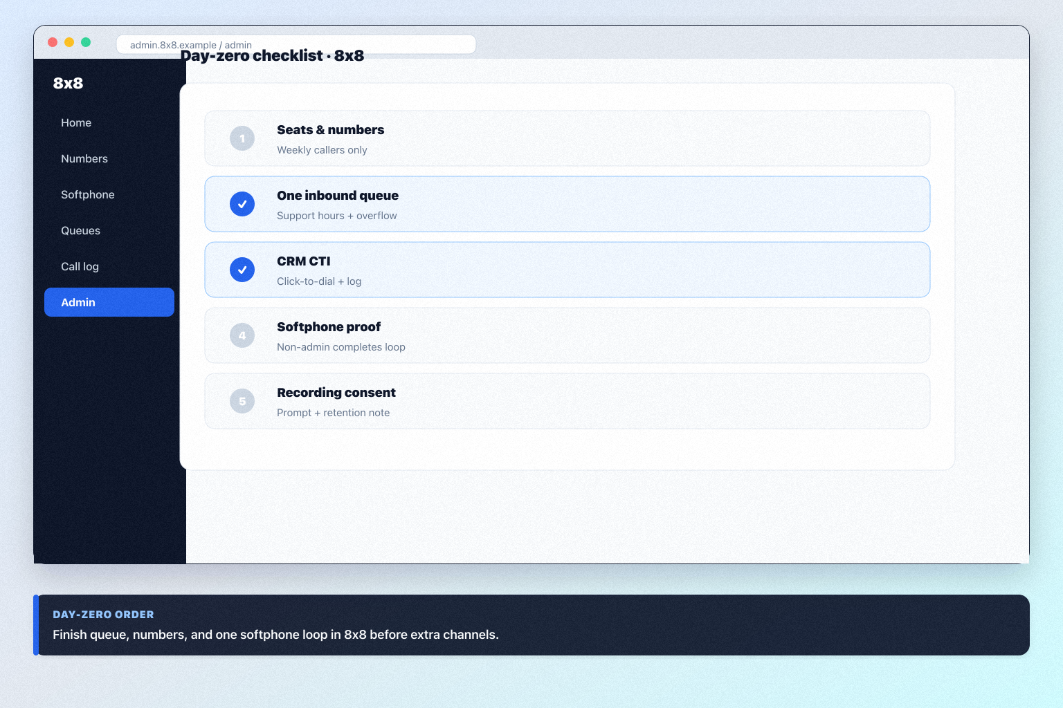 8x8 setup hero: account → numbers → routing → softphone → CRM log checklist.
