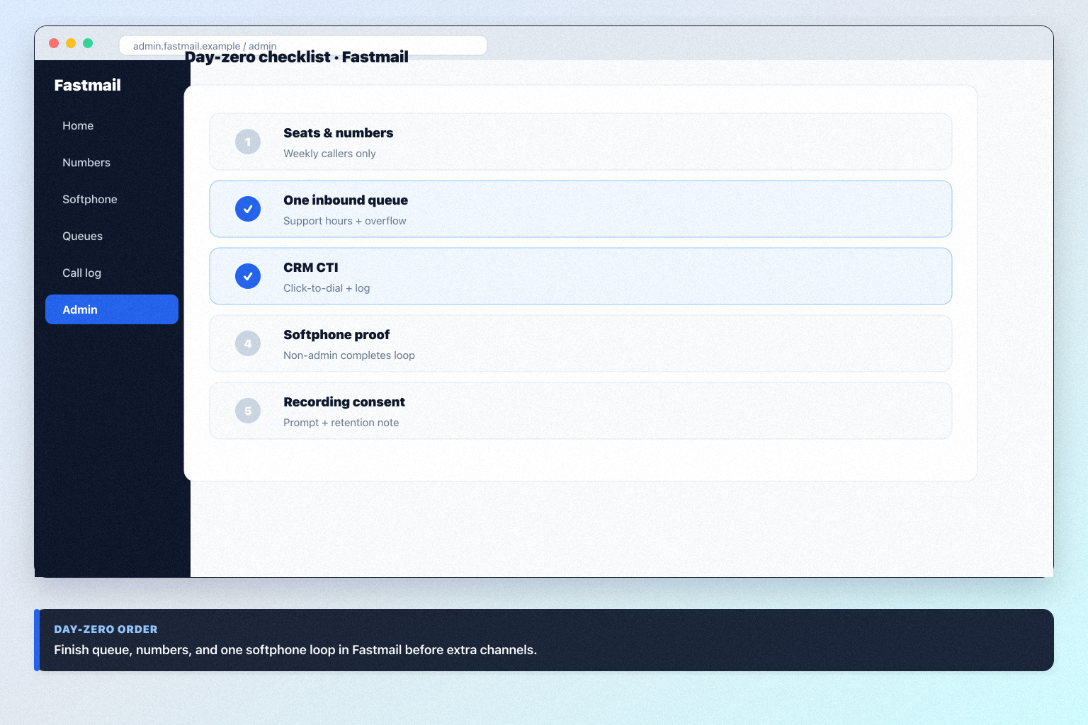 Fastmail setup hero: account → numbers → routing → softphone → CRM log checklist.
