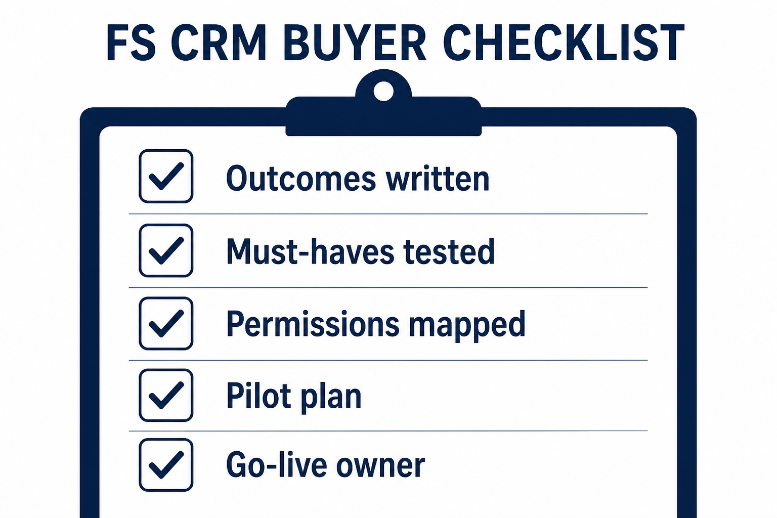 Financial services CRM checklist hero: requirements, security, pilot, and go-live columns on one buyer board.