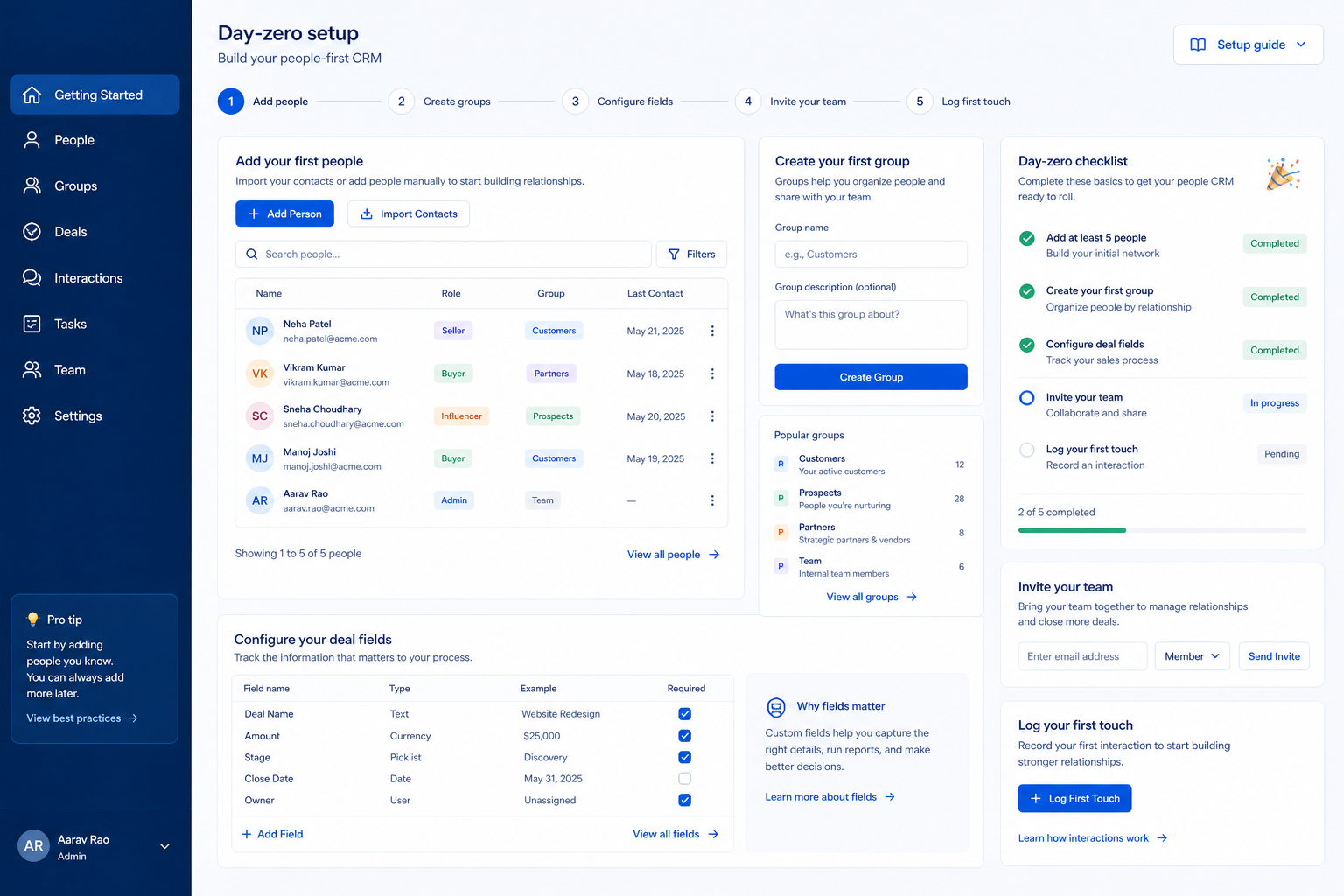 Folk setup hero: account → pipeline → users → email → first deal checklist.