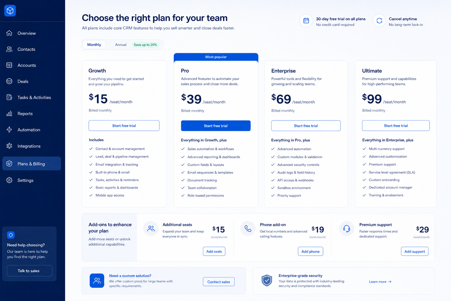 Freshsales plans hero: must-haves mapping to qualifying plan tiers — no invented totals.