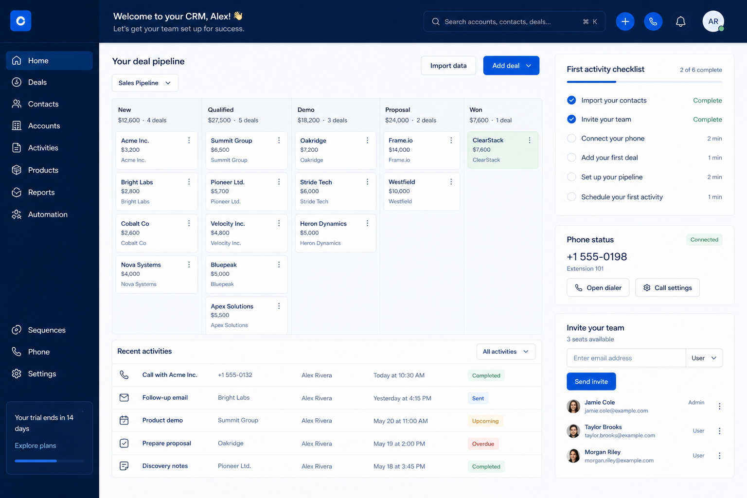 Freshsales setup hero: account → pipeline → users → email → first deal checklist.