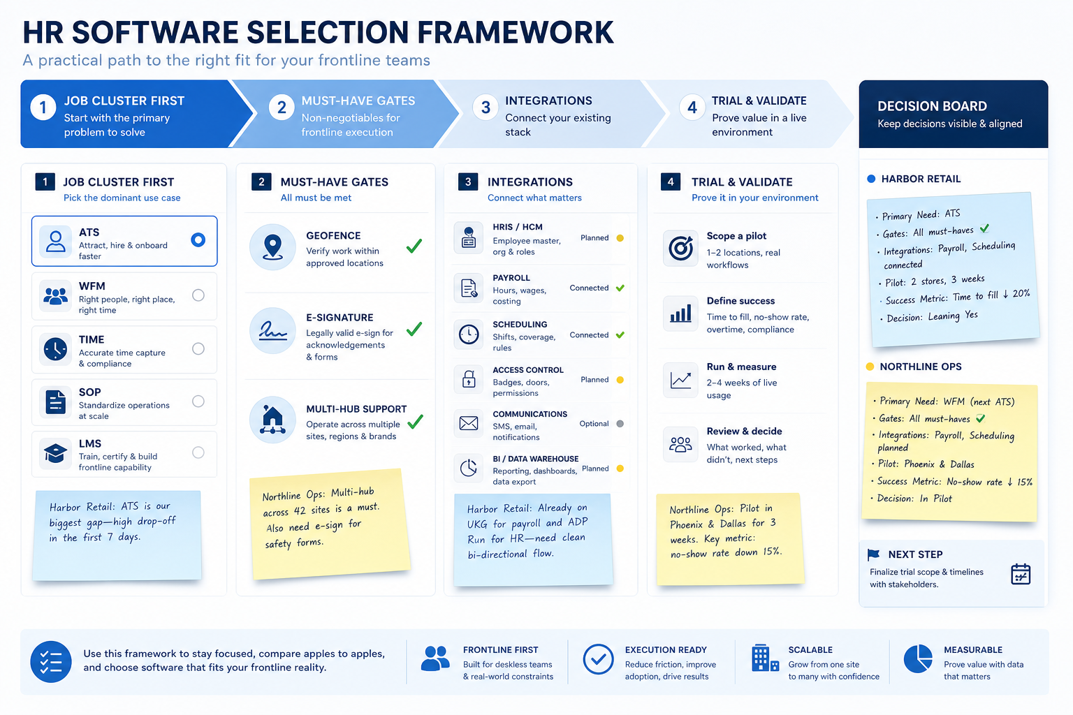 HR selection framework mapping job cluster to plan gates and integrations.