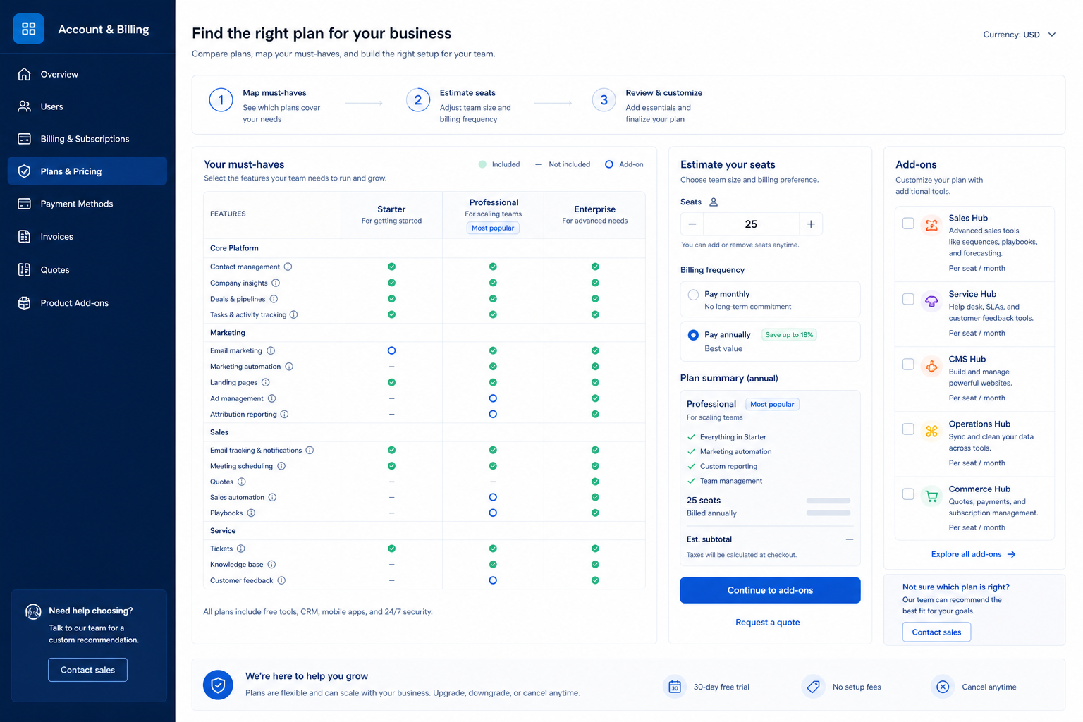 HubSpot plans hero: must-haves mapping to qualifying plan tiers — no invented totals.