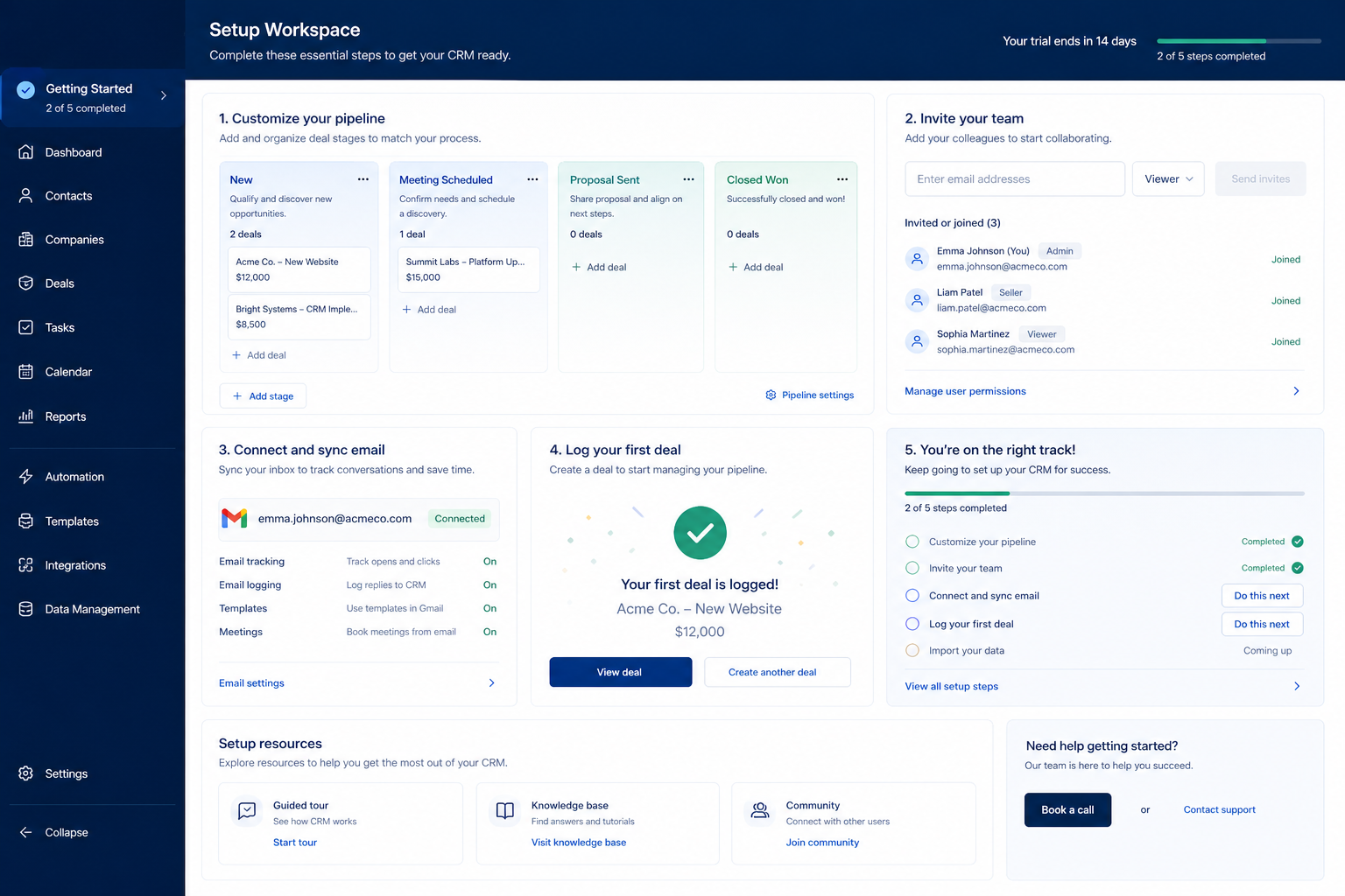HubSpot setup hero: account → pipeline → users → email → first deal checklist.