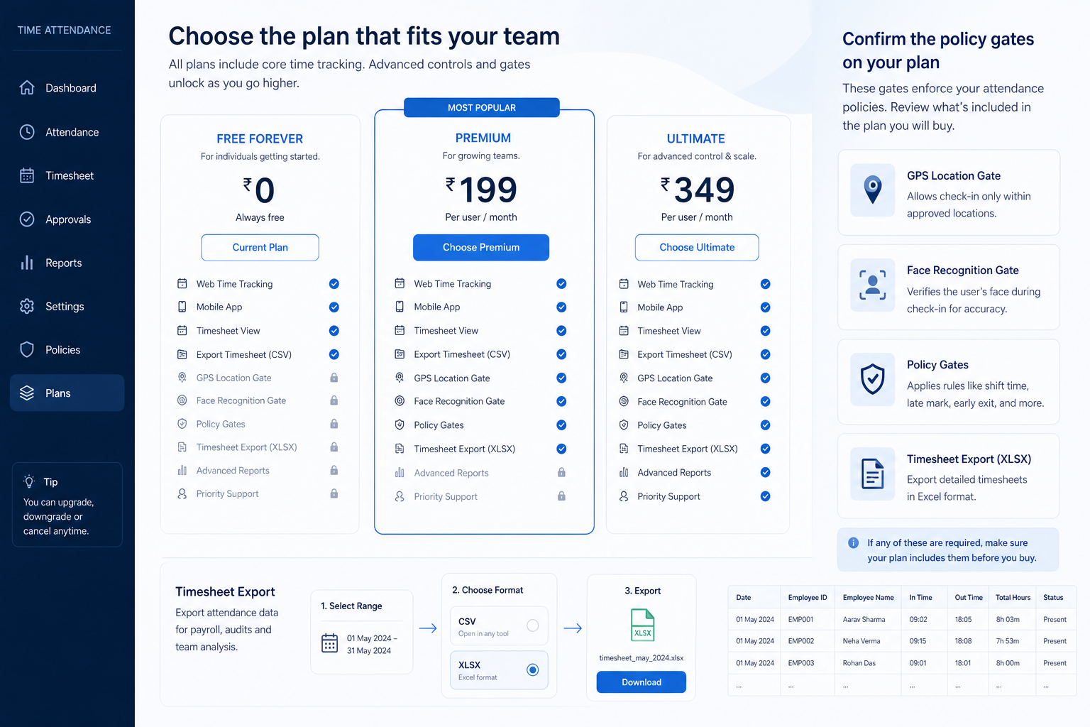 Jibble plans hero: must-haves mapping to qualifying plan tiers — no invented totals.