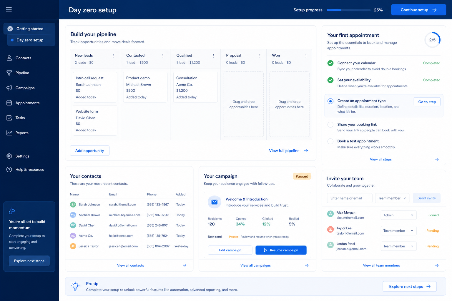 Keap setup hero: account → pipeline → users → email → first deal checklist.