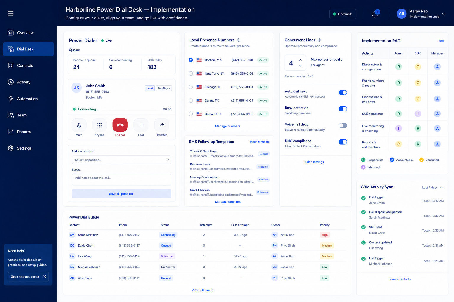 Kixie implementation hero: 30/60/90 outbound phases with ops owner and adoption gates.