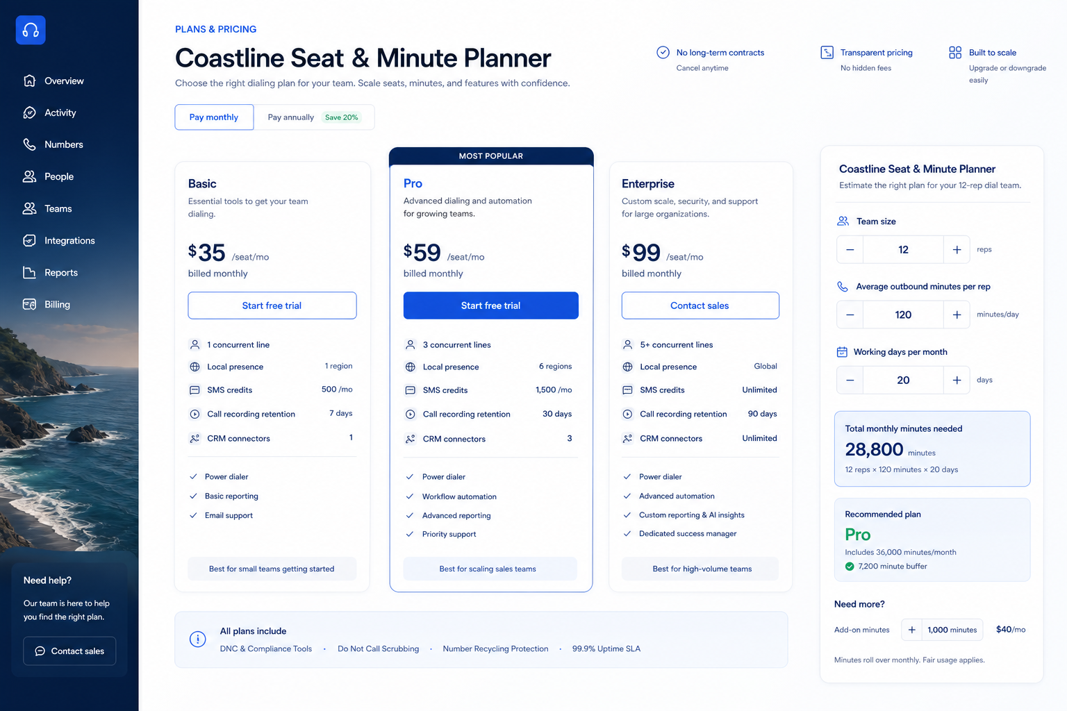 Kixie plans hero: must-haves mapping to seats/credits tiers — no invented totals.