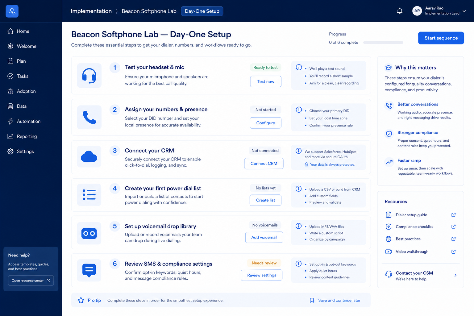 Kixie setup hero: account → seats → list → sequence/dialer → CRM sync checklist.