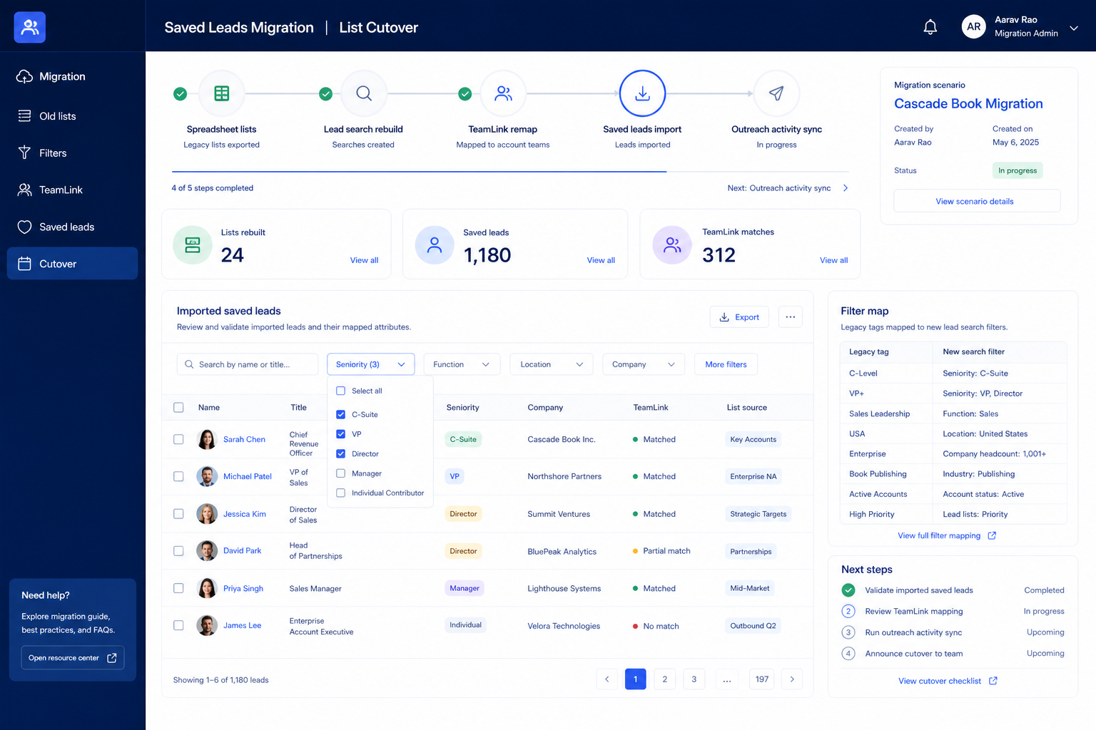 LinkedIn Sales Navigator migration hero: export → map → pilot → validate path into sales intelligence.