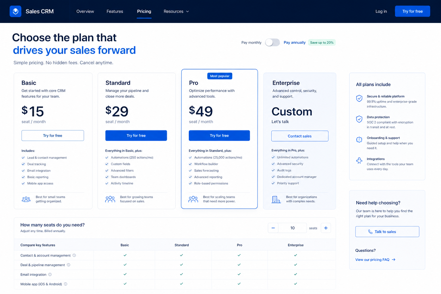 monday sales CRM plans hero: must-haves mapping to qualifying plan tiers — no invented totals.