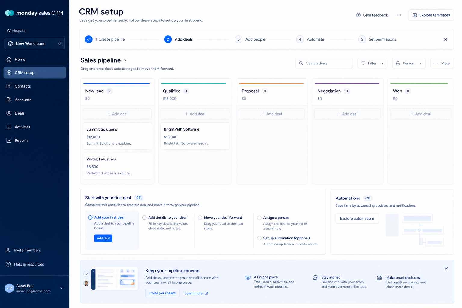 monday sales CRM setup hero: account → pipeline → users → email → first deal checklist.