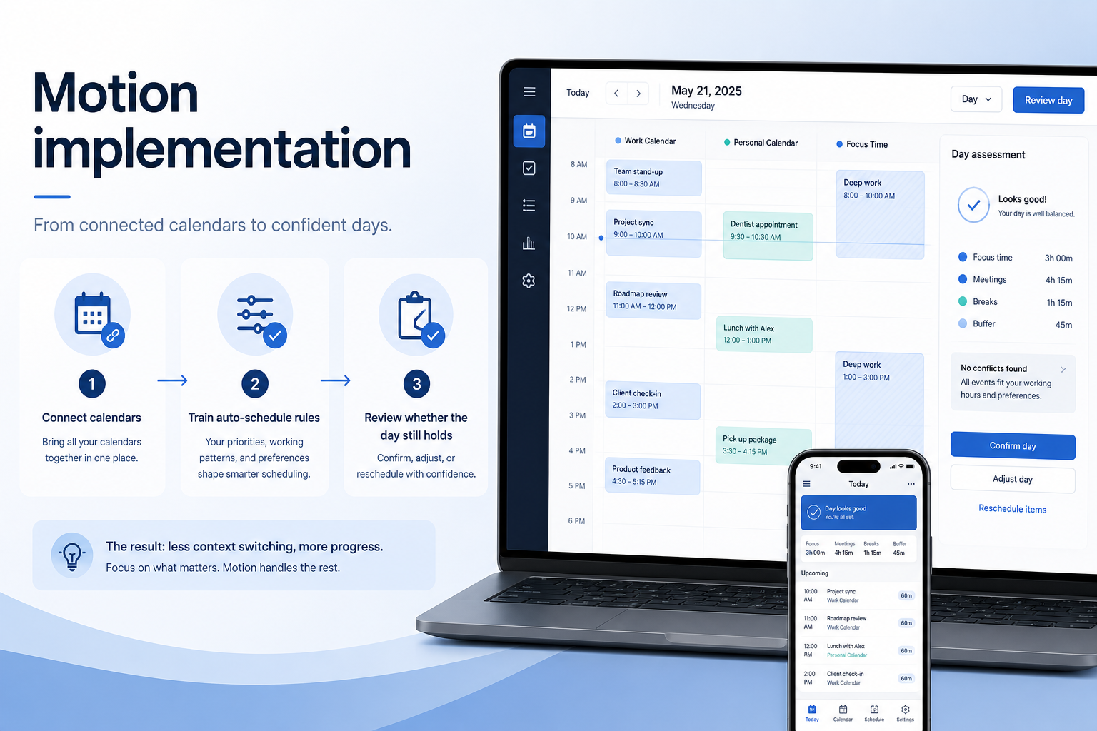 Motion implementation hero: 30/60/90 work-OS phases with workspace owner and adoption gates.