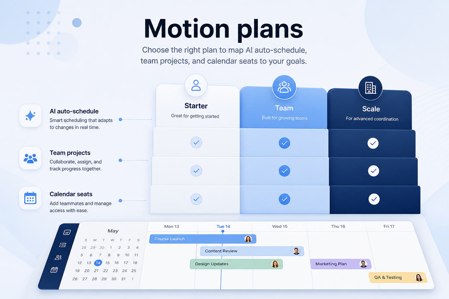 Motion plans hero: must-haves mapping to qualifying plan tiers — no invented totals.