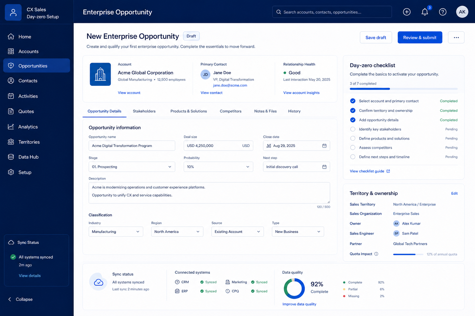 Oracle CX setup hero: account → pipeline → users → email → first deal checklist.