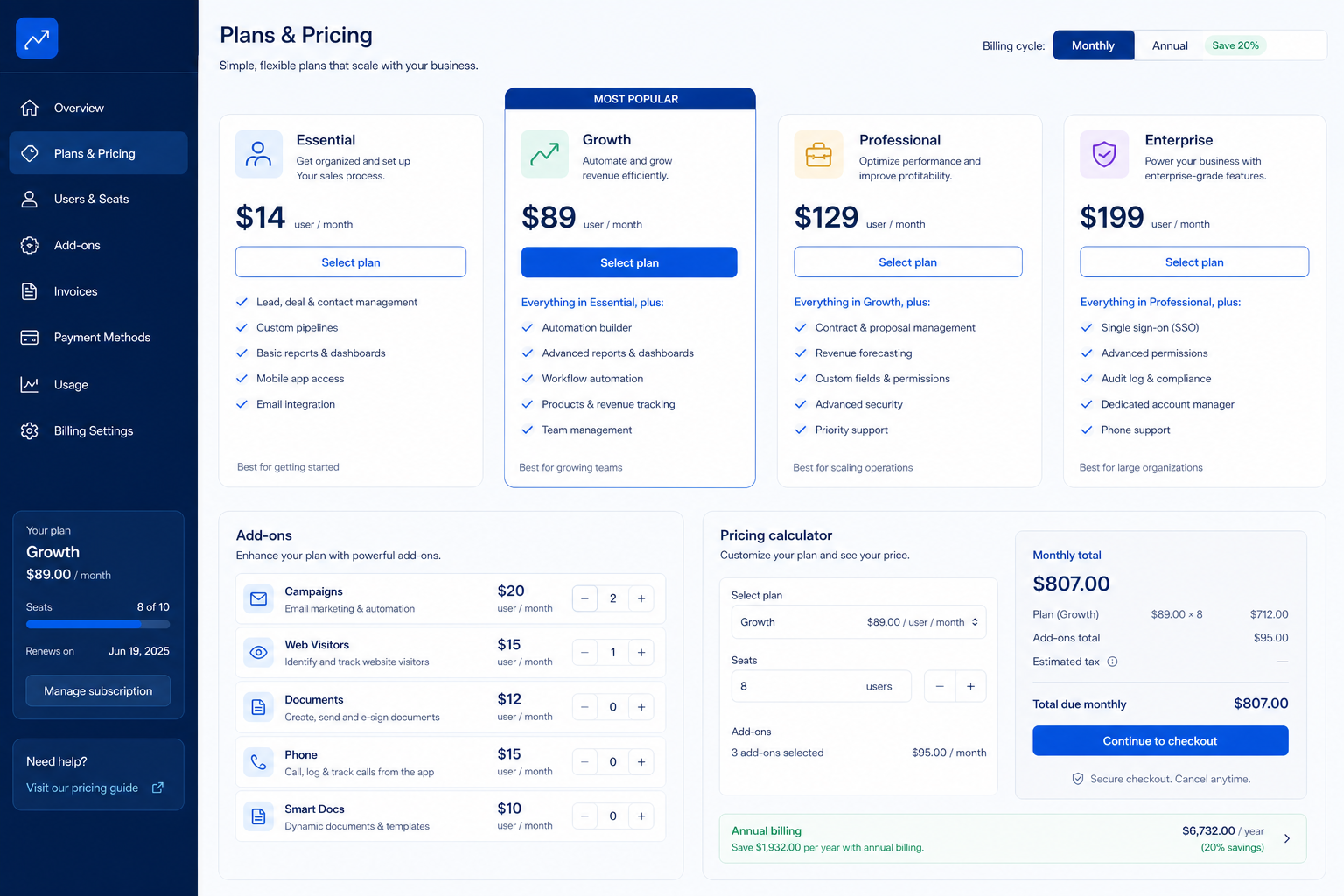 Pipedrive plans hero: must-haves mapping to qualifying plan tiers — no invented totals.