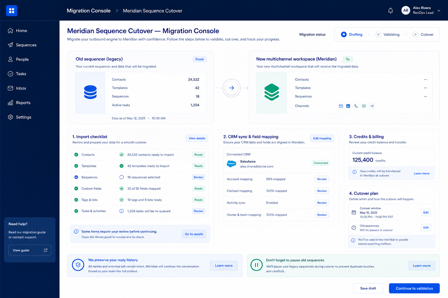 Reply.io migration hero: export → map → pilot → validate path into sales intelligence.