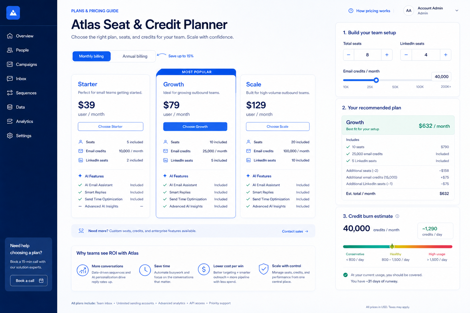 Reply.io plans hero: must-haves mapping to seats/credits tiers — no invented totals.