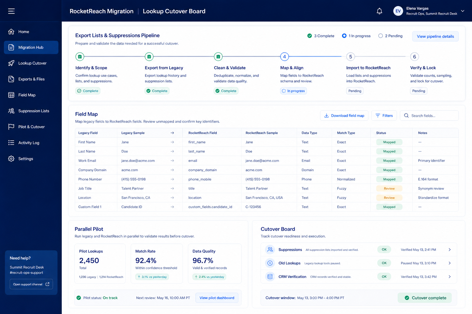 RocketReach migration hero: export → map → pilot → validate path into sales intelligence.
