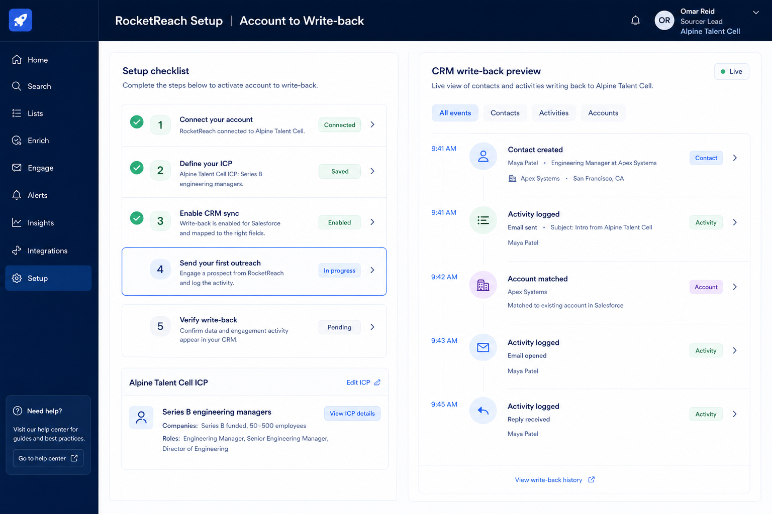 RocketReach setup hero: account → seats → list → sequence/dialer → CRM sync checklist.