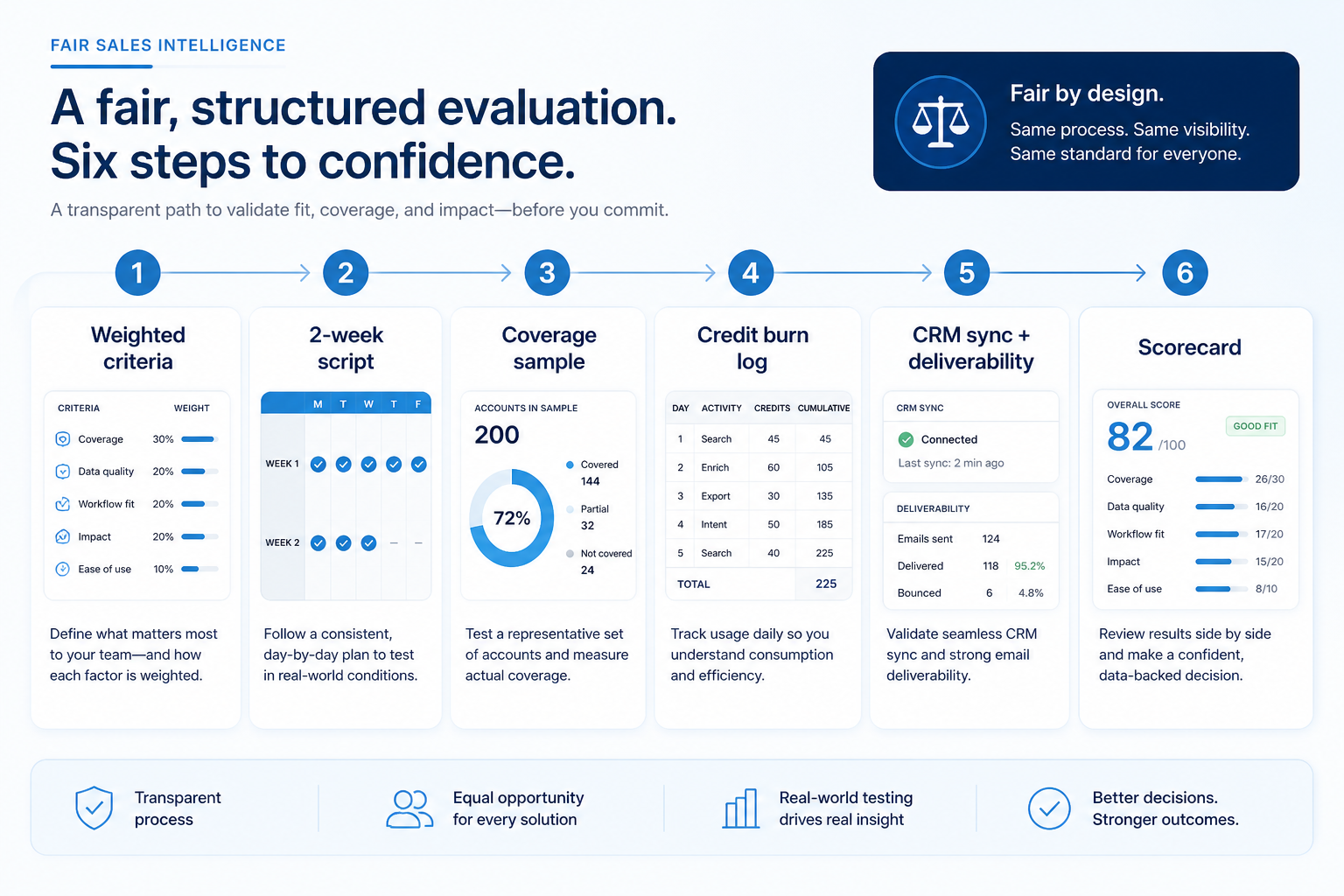 Fair sales intelligence evaluation path: weighted criteria, two-week script, coverage sample, credit burn, CRM sync and deliverability, same-day scores.