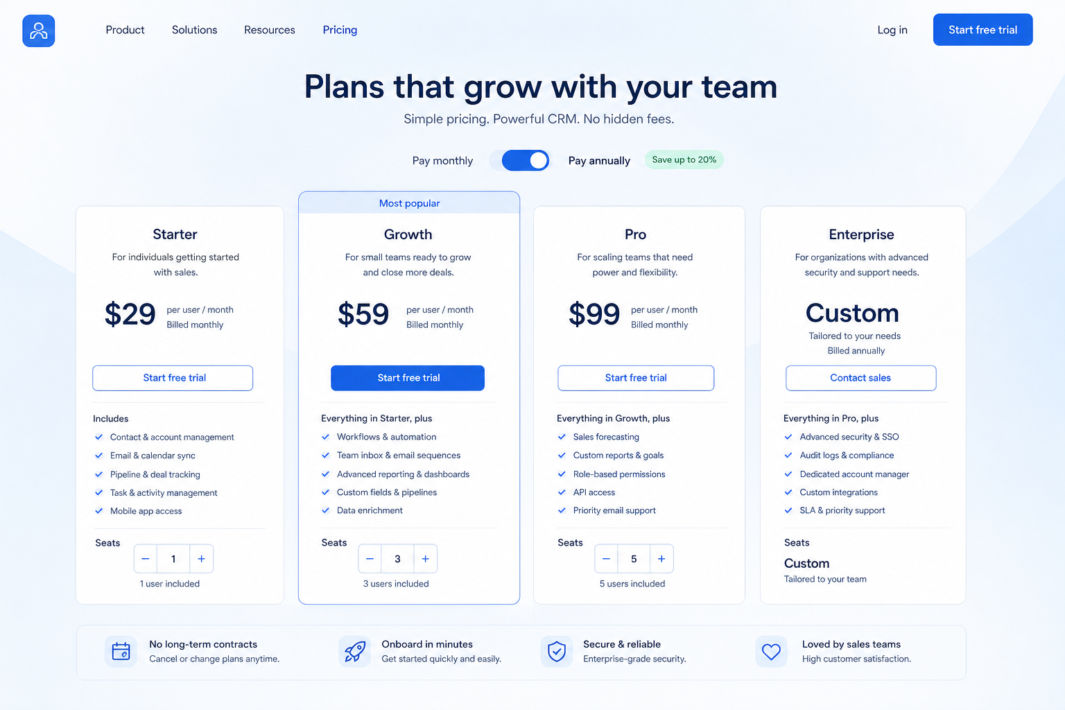 Salesflare plans hero: must-haves mapping to qualifying plan tiers — no invented totals.