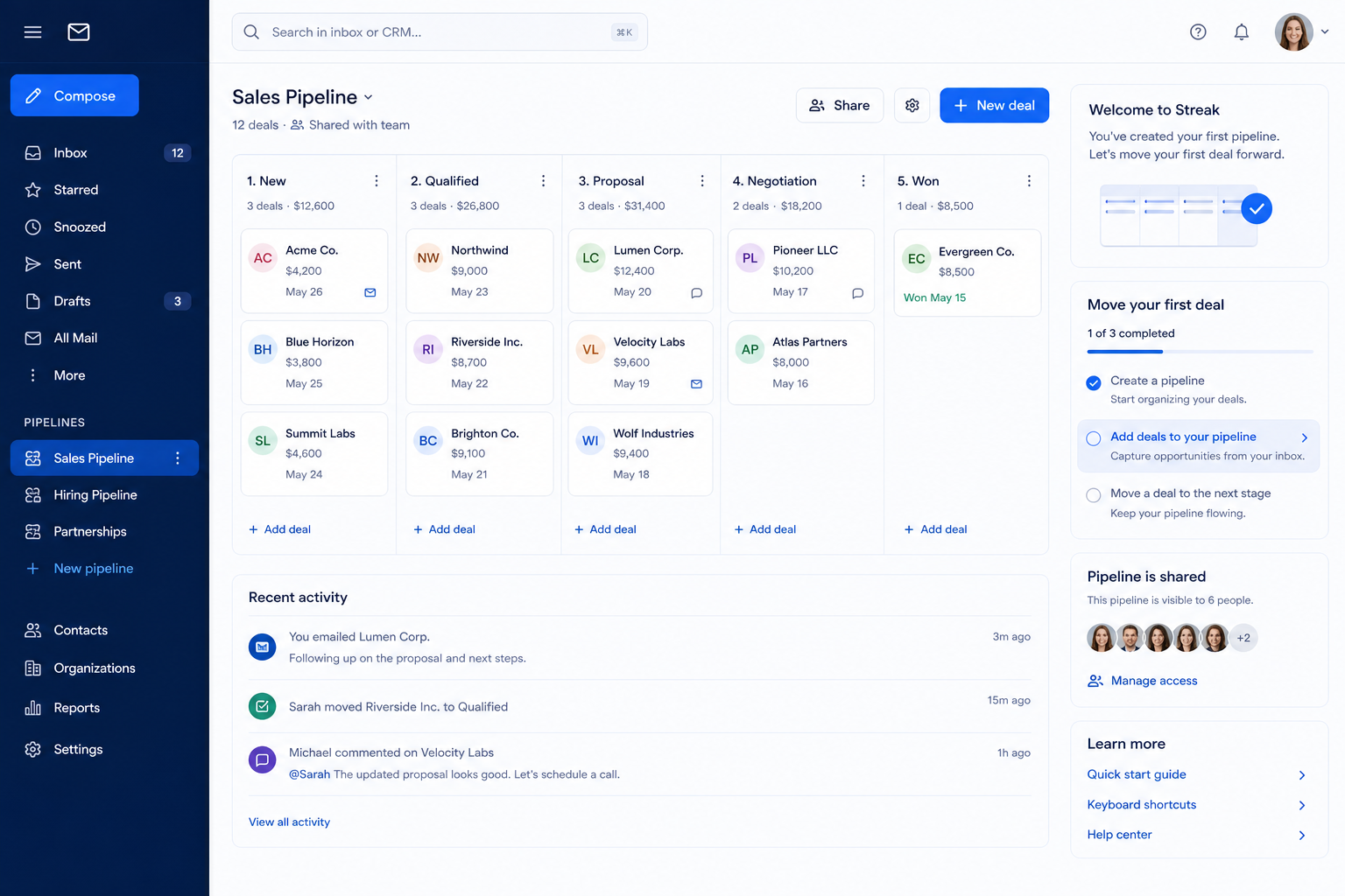 Streak setup hero: account → pipeline → users → email → first deal checklist.