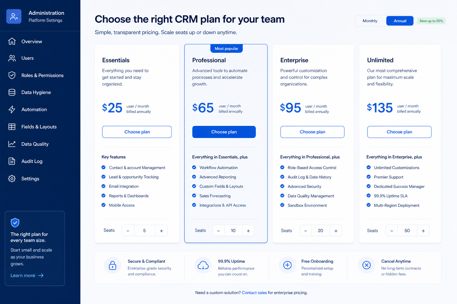 SugarCRM plans hero: must-haves mapping to qualifying plan tiers — no invented totals.