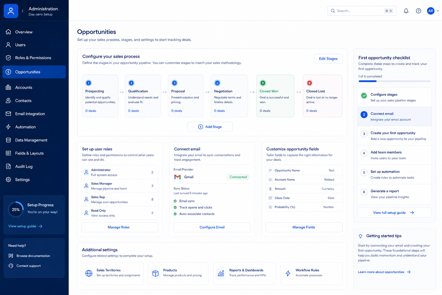 SugarCRM setup hero: account → pipeline → users → email → first deal checklist.