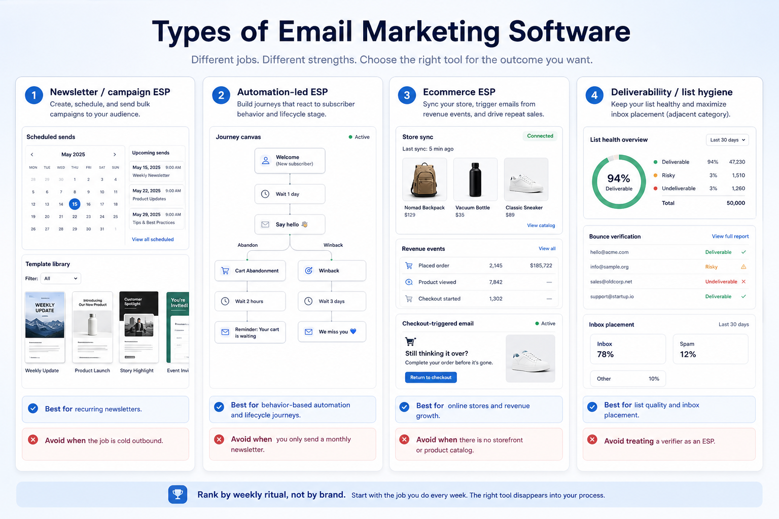 Types of email marketing software: Newsletter / campaign ESP; Automation-led ESP; Ecommerce ESP; Deliverability / list hygiene (adjacent).