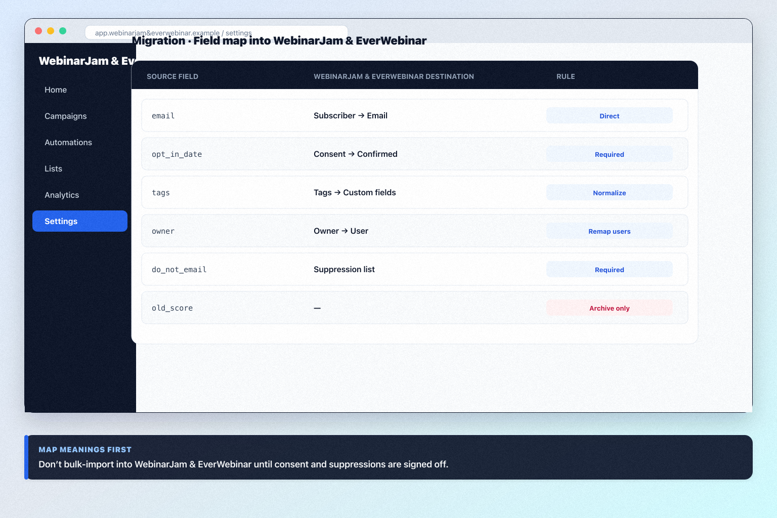 WebinarJam & EverWebinar migration hero: export → map → pilot → validate path into marketing software.