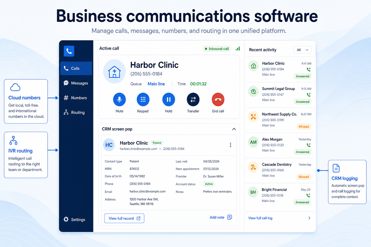 Business communications as a conversation layer: numbers, routing, shared inbox, and CRM integration — separate from the customer record system.