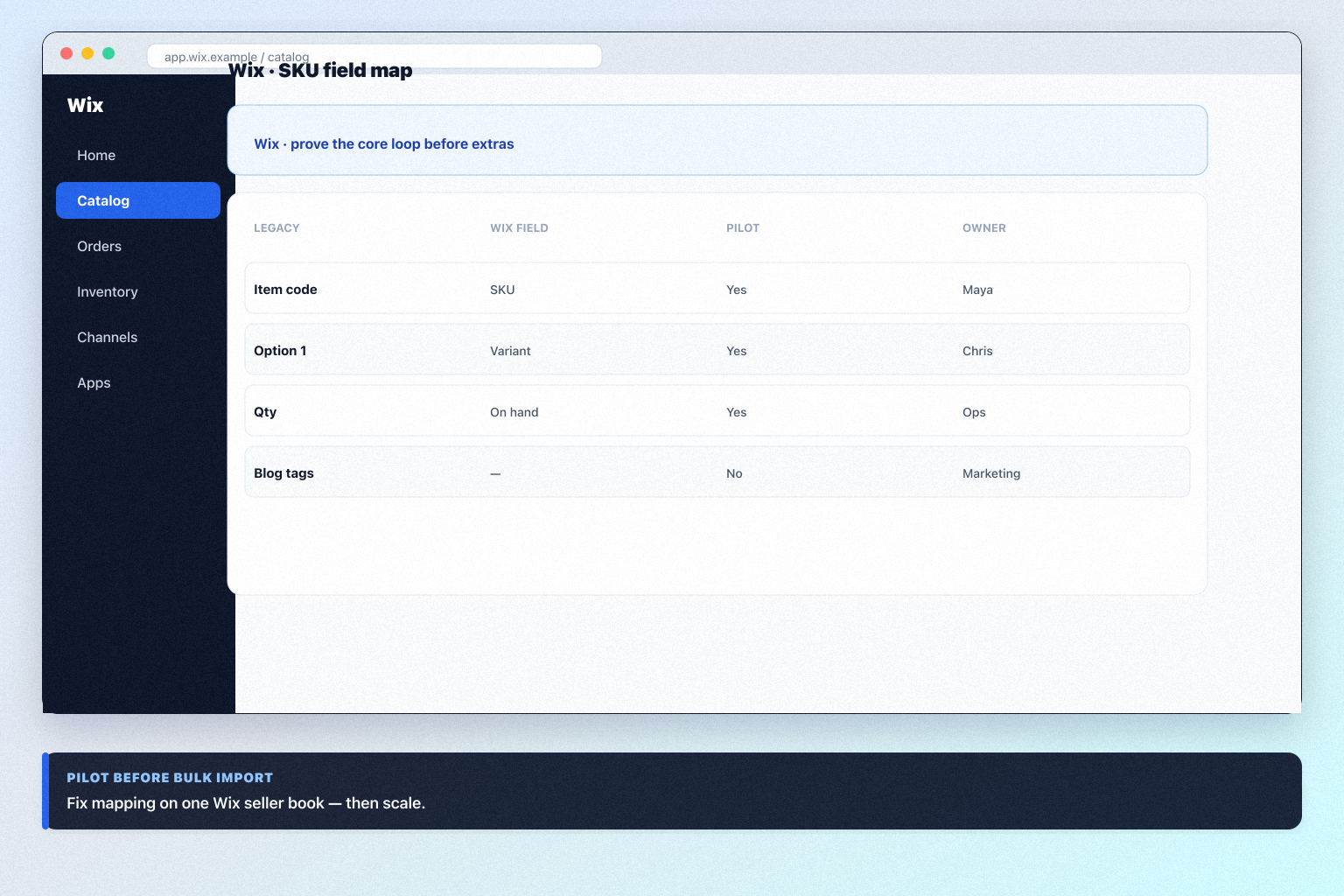 Wix migration hero: export → map → pilot → validate path into ecommerce software.