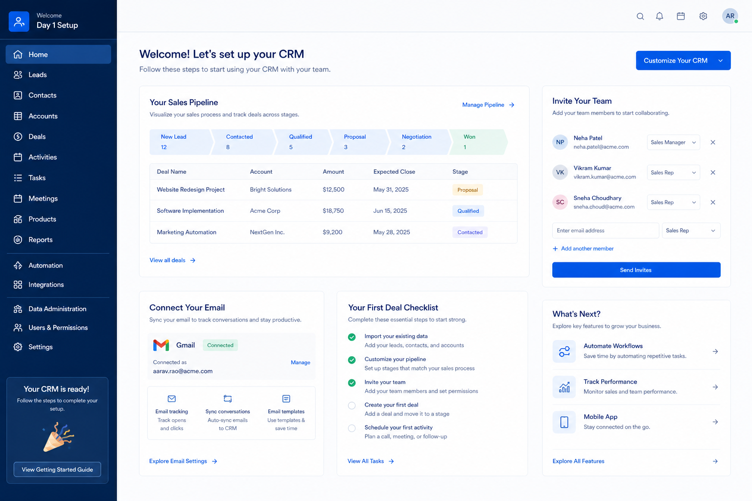 Zoho CRM setup hero: account → pipeline → users → email → first deal checklist.
