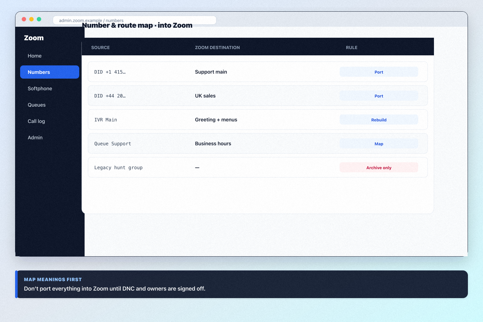 Zoom migration hero: export → map → pilot → validate path into the phone system.
