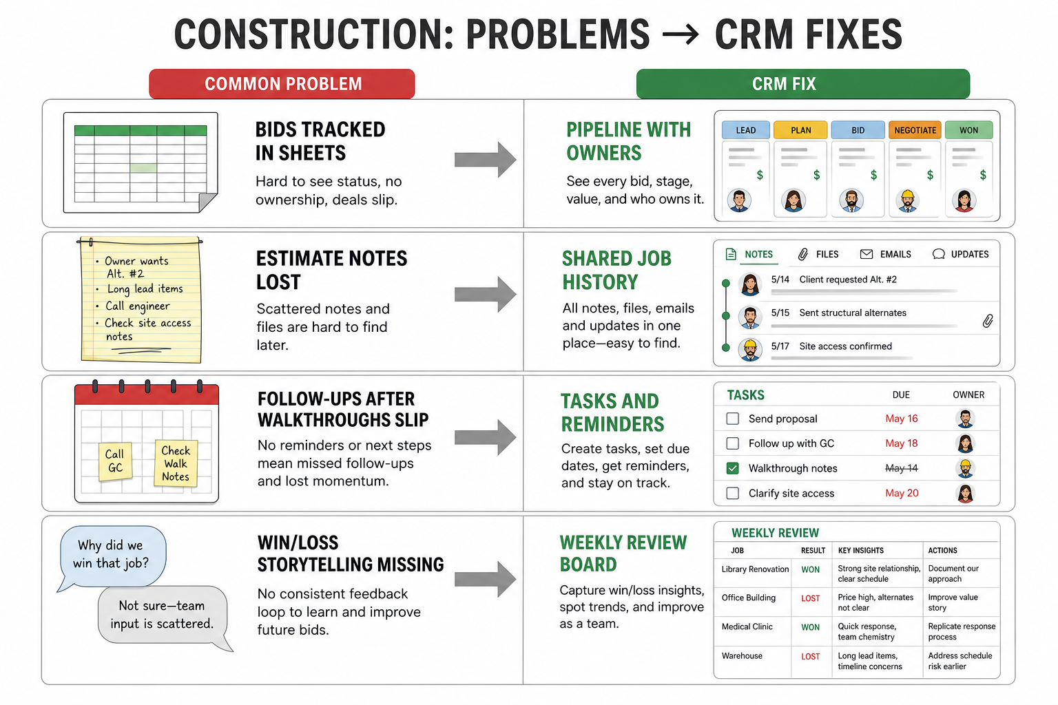 Diagram of construction CRM pains — tribal bid status, client amnesia, kickoff drops, system overlap — mapped to CRM fixes.