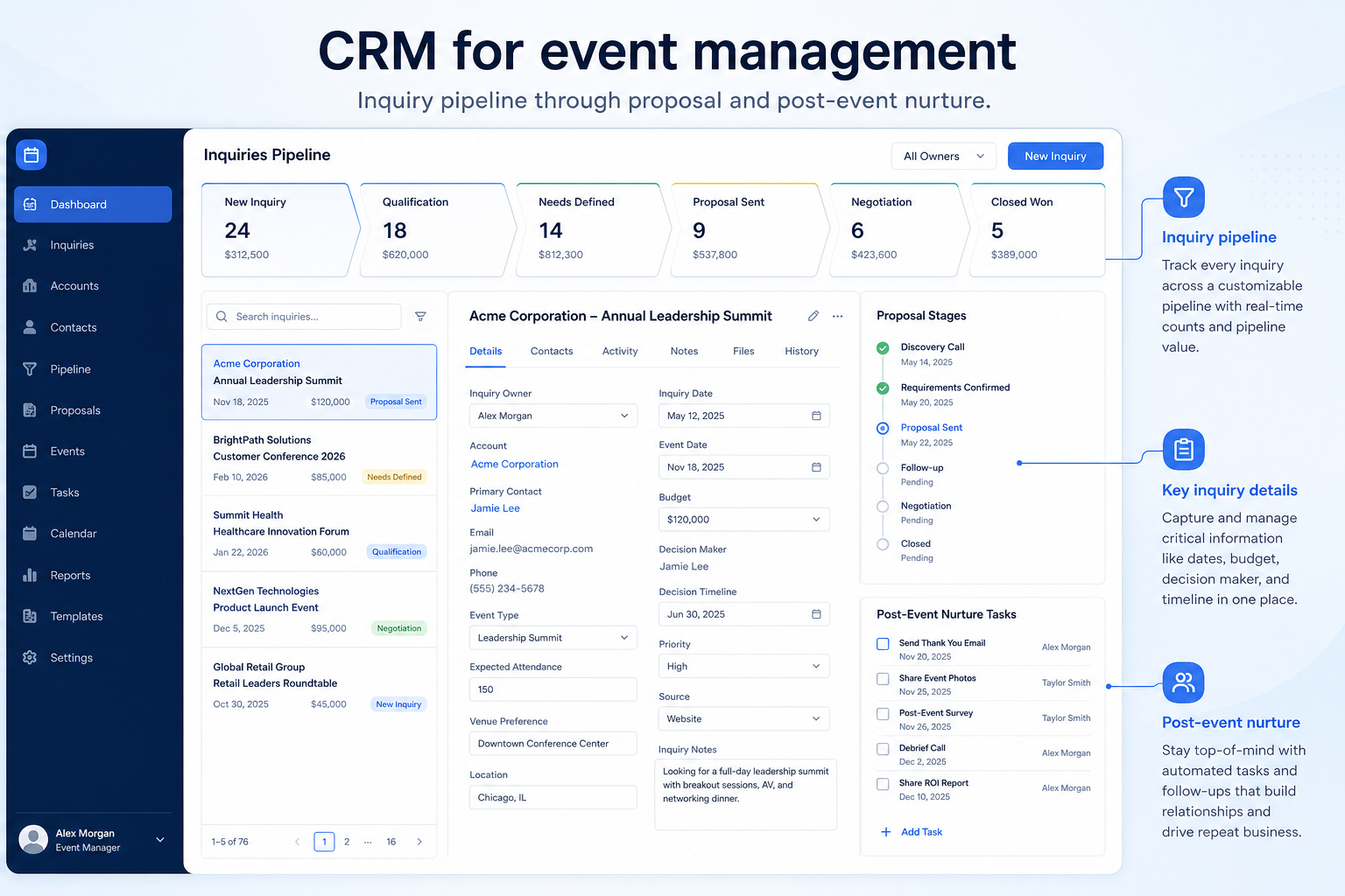 Educational CRM UI mockup for event management: inquiry pipeline through proposal and post-event nurture