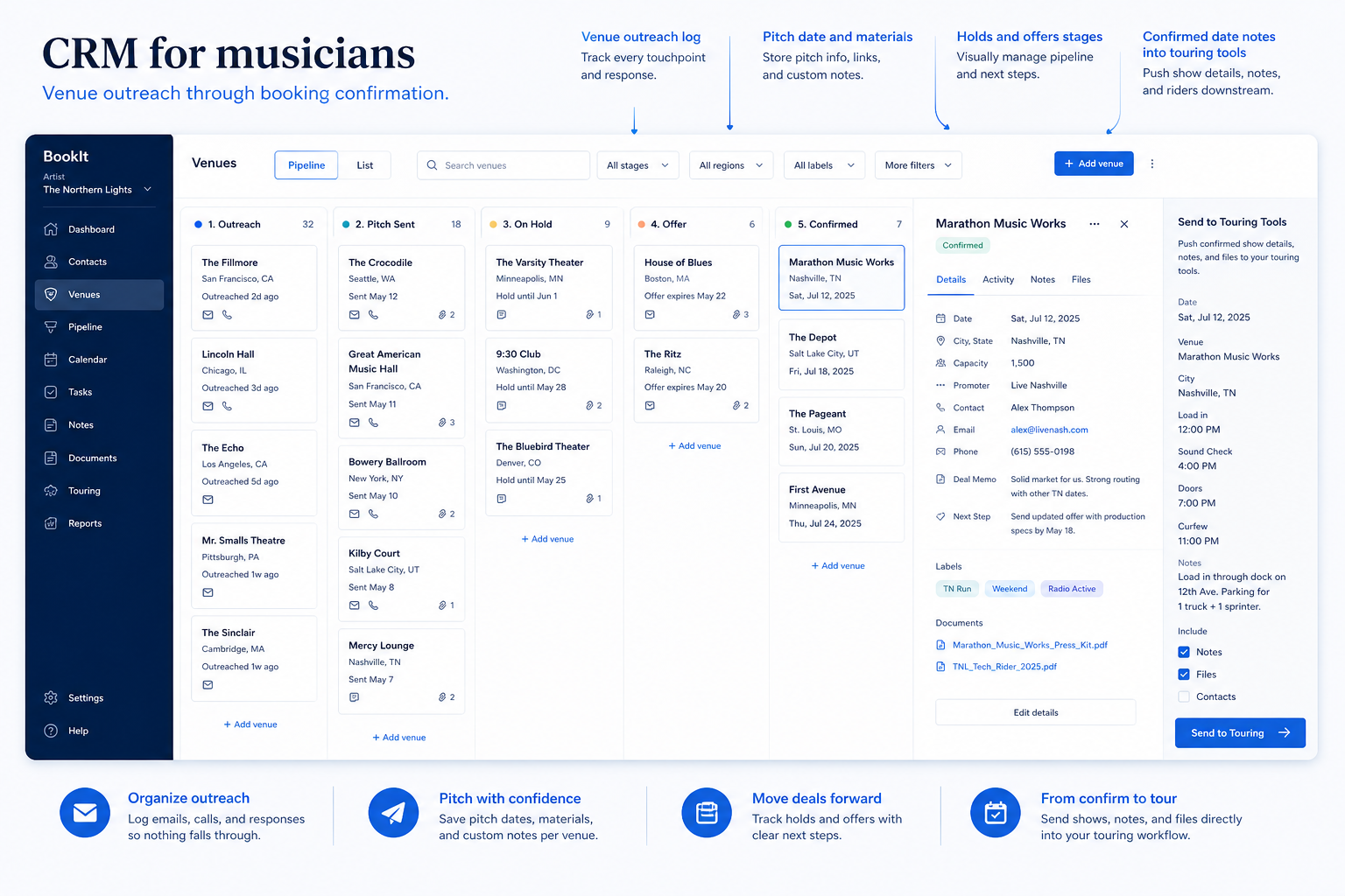 Educational CRM UI mockup for musicians: venue outreach through booking confirmation