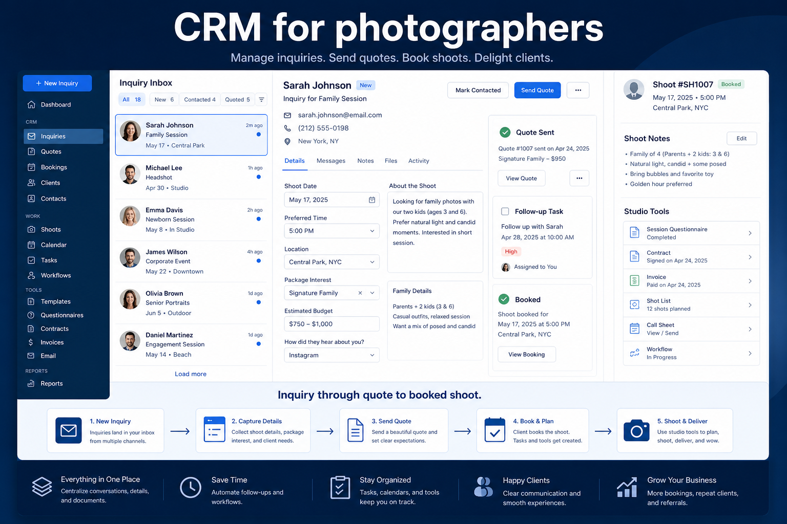 Educational CRM UI mockup for photographers: inquiry through quote to booked shoot
